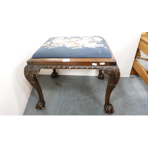 334 - Antique mahogany Chippendale-style dressing stool with floral tapestry slip-in top.