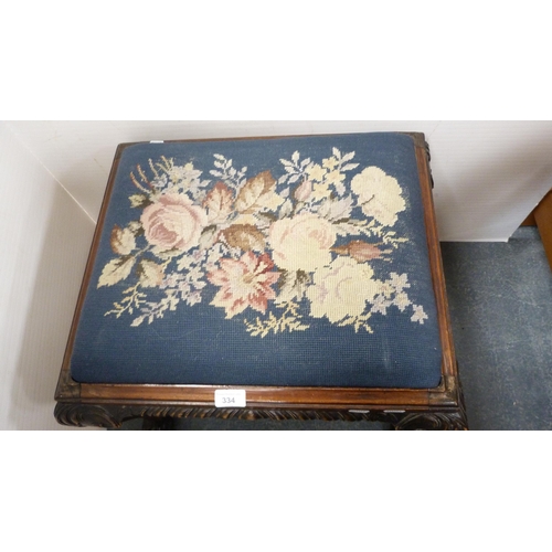 334 - Antique mahogany Chippendale-style dressing stool with floral tapestry slip-in top.