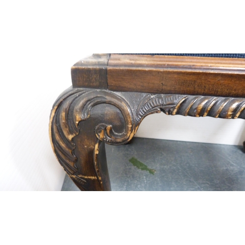 334 - Antique mahogany Chippendale-style dressing stool with floral tapestry slip-in top.