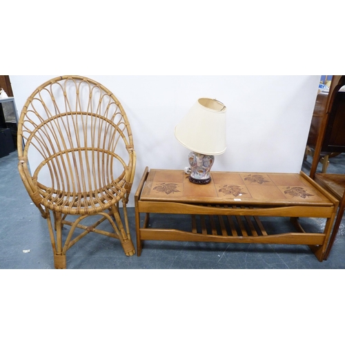 335 - Bamboo-effect basket chair, tile-top coffee table and a table lamp.  (3)