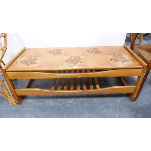 335 - Bamboo-effect basket chair, tile-top coffee table and a table lamp.  (3)