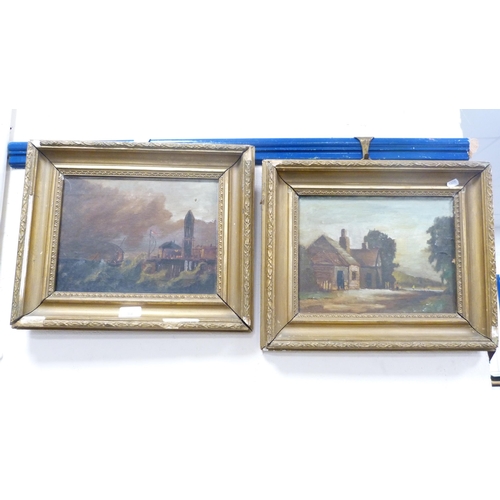 34 - Two oils on canvas, one depicting boats in rough seas, the other depicting figures with a house to t... 