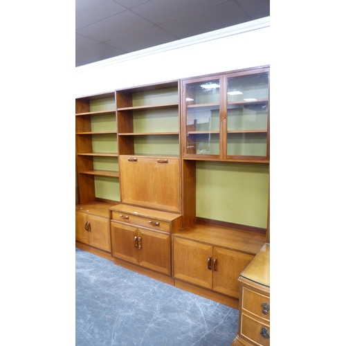 342 - G Plan retro teak secretaire bookcase in three sections with open shelving above fall front and cupb... 