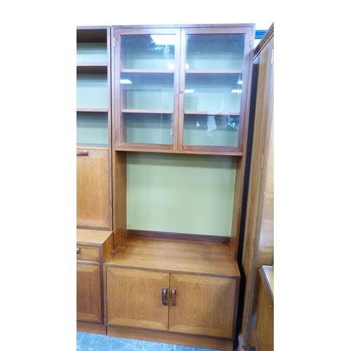 342 - G Plan retro teak secretaire bookcase in three sections with open shelving above fall front and cupb... 