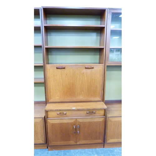 342 - G Plan retro teak secretaire bookcase in three sections with open shelving above fall front and cupb... 