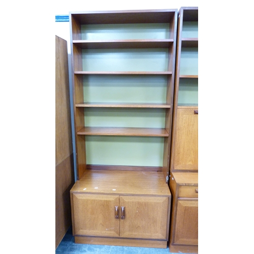 342 - G Plan retro teak secretaire bookcase in three sections with open shelving above fall front and cupb... 