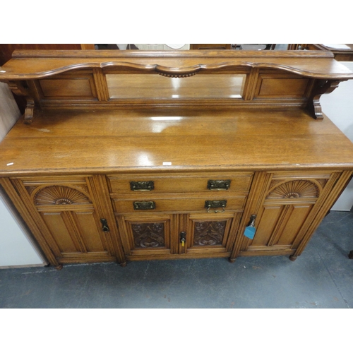 344 - Edwardian oak mirror-back sideboard with brass handles, assorted drawers and cupboards.