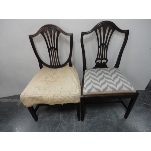 347 - Two antique mahogany Hepplewhite-style shield-back dining chairs, one with a wheatsheaf motif, and a... 