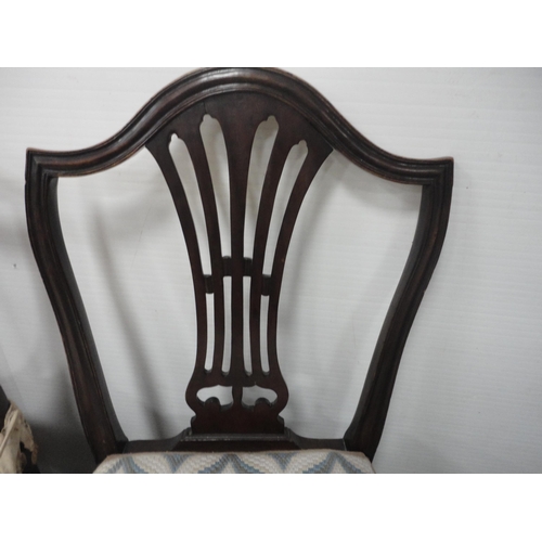 347 - Two antique mahogany Hepplewhite-style shield-back dining chairs, one with a wheatsheaf motif, and a... 