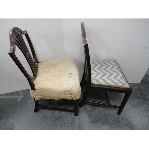 347 - Two antique mahogany Hepplewhite-style shield-back dining chairs, one with a wheatsheaf motif, and a... 