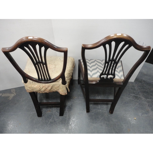 347 - Two antique mahogany Hepplewhite-style shield-back dining chairs, one with a wheatsheaf motif, and a... 