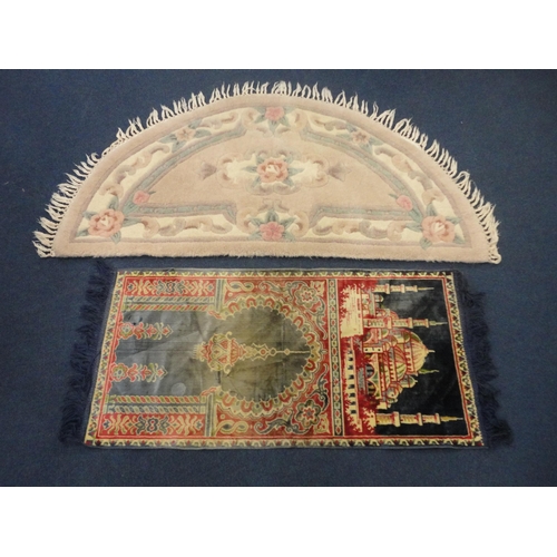 362 - Part silk Turkish/Afghan-style prayer mat-style rug and a modern Chinese half-moon rug.  (2)