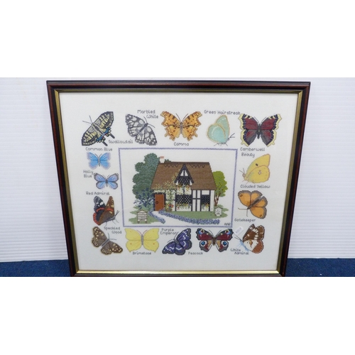 41 - Modern sampler, initialled AAR, decorated with a house, butterflies and insects, also a photograph o... 