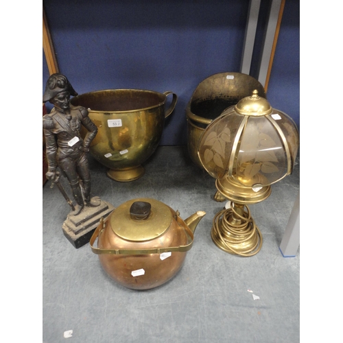 53 - Iron doorstop modelled as Nelson, brass coal helmet, brass pot, table lamp and a copper kettle.