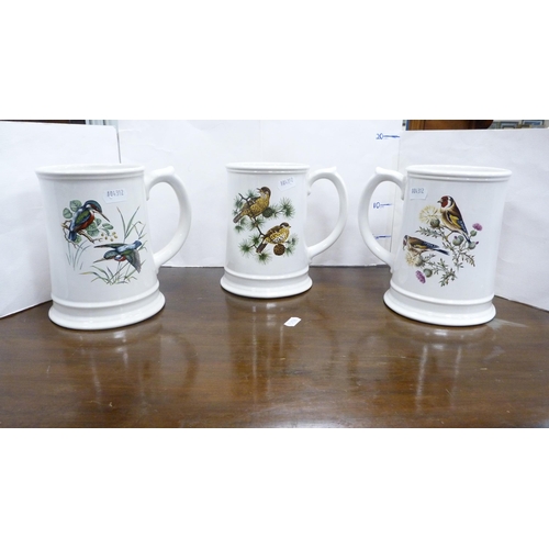 58 - Three Carlton Ware tankards decorated with birds, a contemporary table lamp, stainless steel kitchen... 