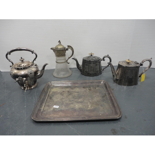 75 - EP and plated wares to include a three-piece tea set, teapot and matching cream jug, tankard, servin... 