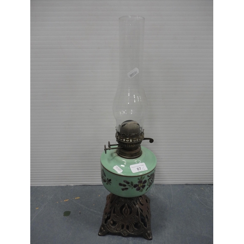 87 - Late Victorian Duplex oil lamp with an opaque reservoir, and another oil lamp.  (2)