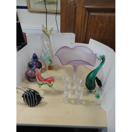 93 - Group of art glass to include a vase, jars and covers, Murano-style animal figures, crystal liqueur ... 