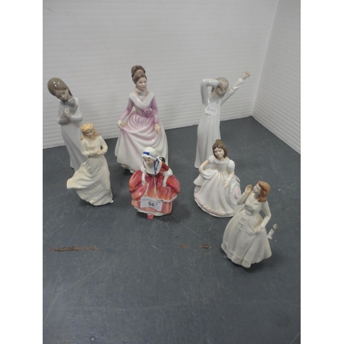 94 - Five Royal Doulton figures to include 'Joy', 'Amanda', 'Goody Two Shoes', 'Loving You' and 'Good Com... 