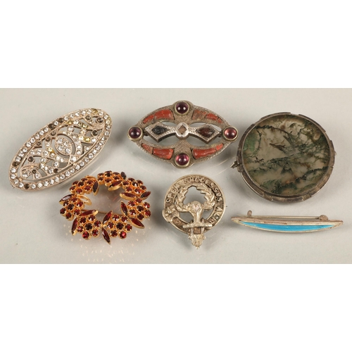 144D - Six vintage brooches, some silver, enamel, moss agate, etc