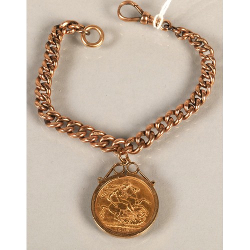 127 - 1912 King George V sovereign in 9ct gold mount on short 9ct gold watch chain, gross weight 25g