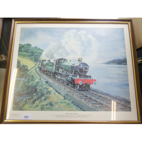 533 - Three various A.L Hudson prints to include train and two maritime prints.