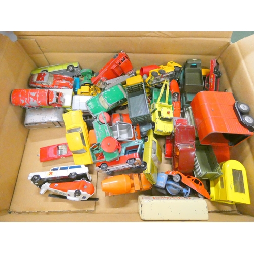 557 - Large box of play worn die cast cars to include Lesney.