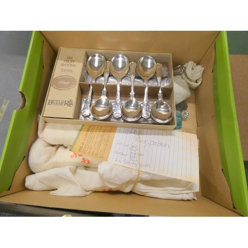 559 - Large box of epns cutlery and silver handled pickle fork.