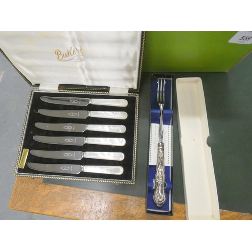 559 - Large box of epns cutlery and silver handled pickle fork.