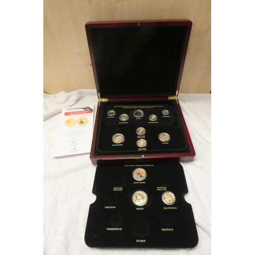 522 - London Mint Office. Cased set of 24ct gold plated British coinage to include shillings, threepences,... 