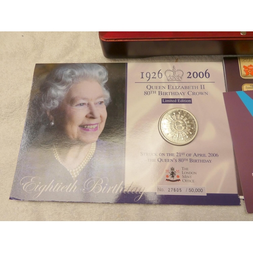 523 - Cased coin collection to include a limited edition Elizabeth II 80th Birthday crown 27605/50000, 201... 