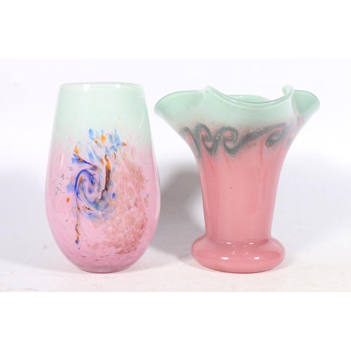 12 - Strathearn glass vase with inclusions on pink and green ground, also with three pieces of Vasart gla... 