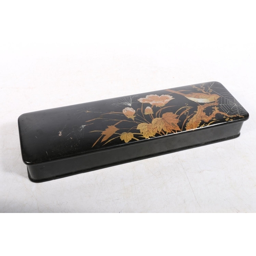 266 - Japanese black lacquer pen box decorated in gilt with birds and foliage, W30cm.