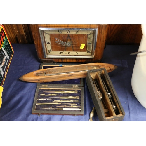 33 - Group of collectables, to include walnut mantel clock, drawing instruments in rosewood box, pairs of... 