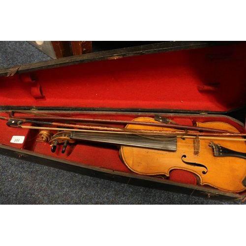 308 - Cased Saxon inlaid violin and bows.