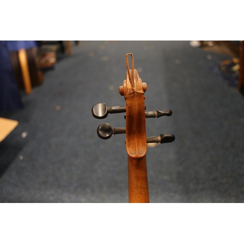 308 - Cased Saxon inlaid violin and bows.