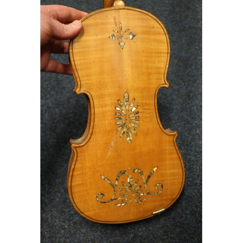 308 - Cased Saxon inlaid violin and bows.