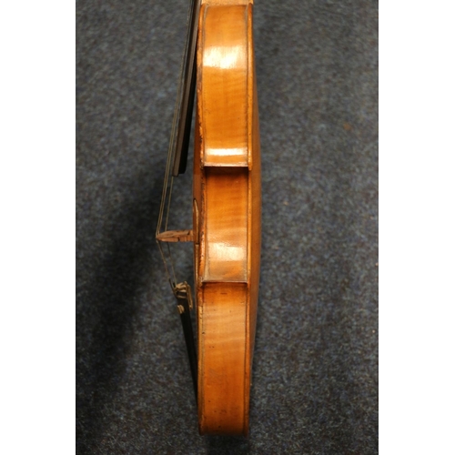 308 - Cased Saxon inlaid violin and bows.