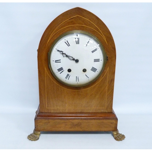 192 - Edwardian inlaid mahogany bracket clock of lancet form with twin train dial, inlaid with boxwood str... 