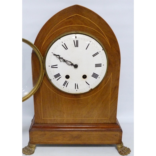 192 - Edwardian inlaid mahogany bracket clock of lancet form with twin train dial, inlaid with boxwood str... 