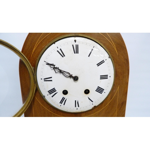 192 - Edwardian inlaid mahogany bracket clock of lancet form with twin train dial, inlaid with boxwood str... 