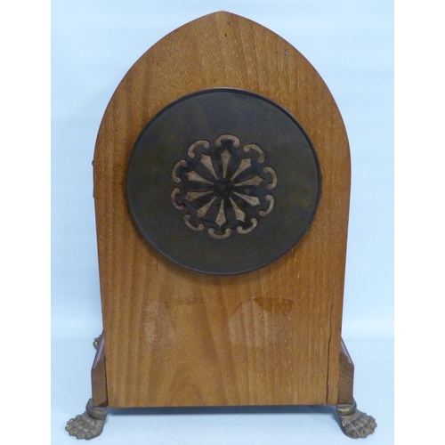 192 - Edwardian inlaid mahogany bracket clock of lancet form with twin train dial, inlaid with boxwood str... 