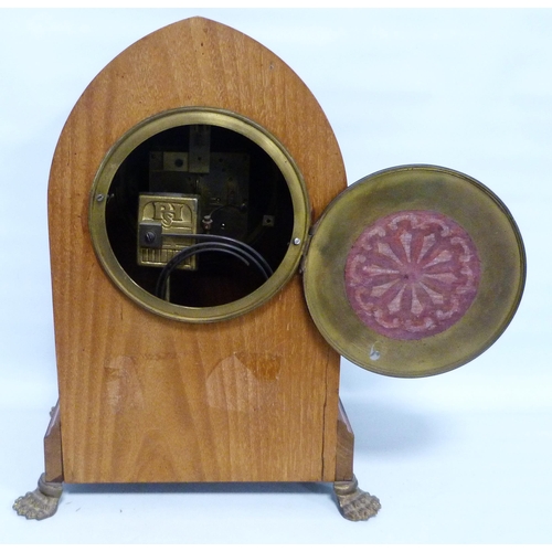 192 - Edwardian inlaid mahogany bracket clock of lancet form with twin train dial, inlaid with boxwood str... 