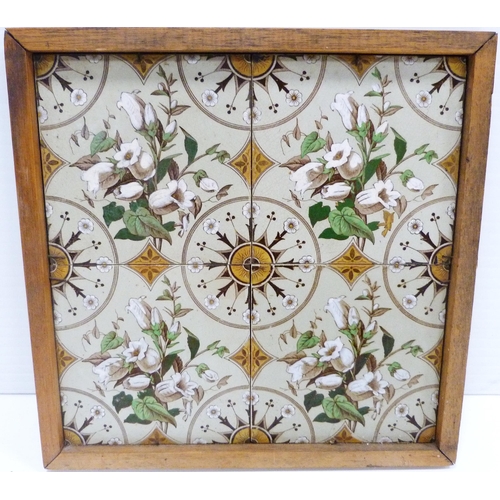 225 - Set of four Victorian fireplace tiles decorated with floral bouquets and circular geometric panels, ... 