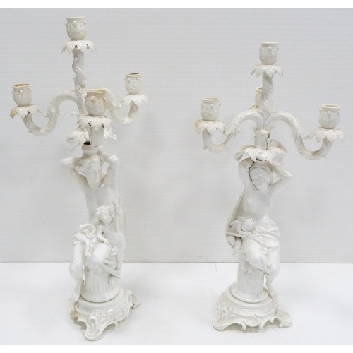 227 - In the Manner of MeissenNear pair of 19th century blanc de chine glazed Rococo-inspired candelabra o... 