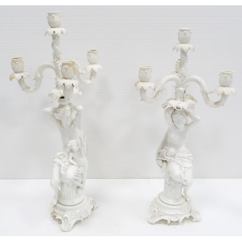 227 - In the Manner of MeissenNear pair of 19th century blanc de chine glazed Rococo-inspired candelabra o... 