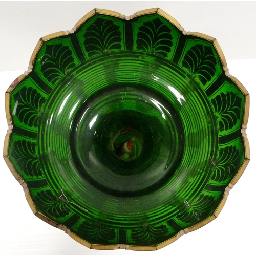 258 - Victorian green glass table lustre of large form decorated all over with gilded leaf vignettes and f... 