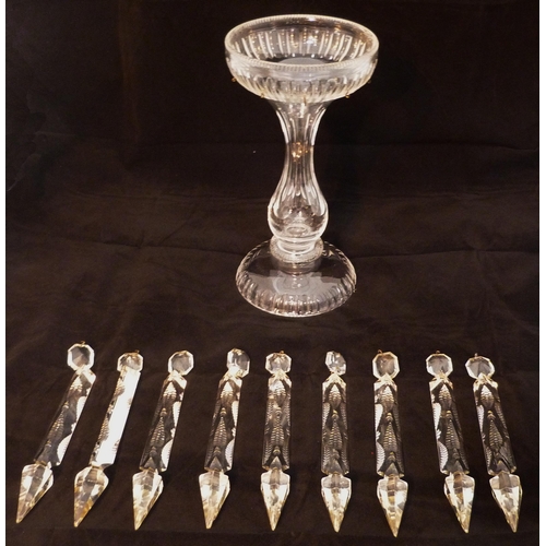 259 - Pair of Victorian clear glass table lustres, each with a flaring bowl and suspended glass faceted dr... 