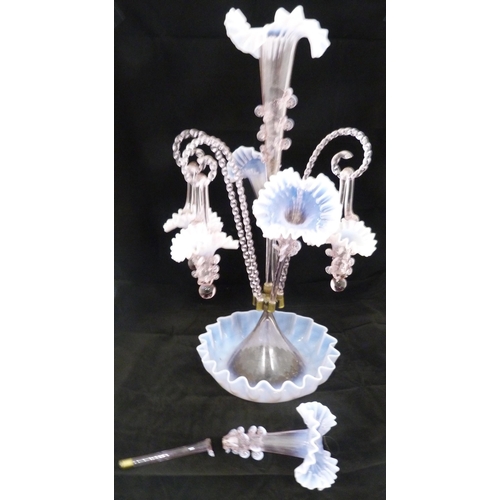 260 - Victorian pale pink opaline glass six-branch epergne of large form, the graduated trumpet-shaped epe... 