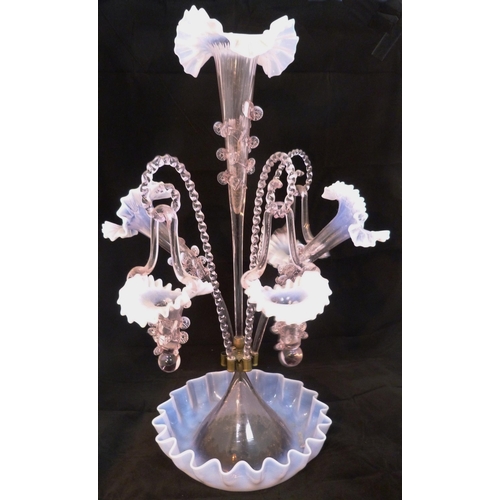 260 - Victorian pale pink opaline glass six-branch epergne of large form, the graduated trumpet-shaped epe... 